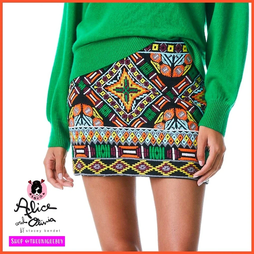 Alice + Olivia Elana Embroidered Green Orange Multicolored Mini Skirt